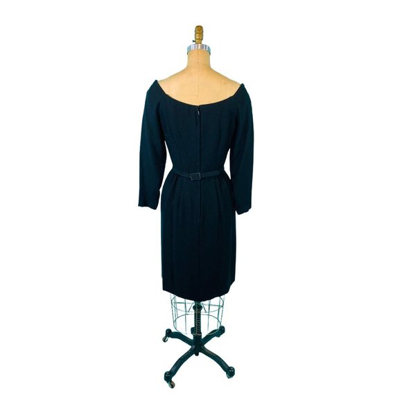 Vintage 1950s Black Cocktail Dress Off The Shoulder Bow Belt Sheath | W 26" - Picture 10 of 10